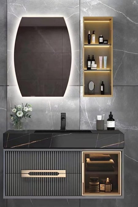 مغسلة حمّام عائمة فخمة – أسود رخامي مع خزنة زجاج مضيّئة + مرآة LED ورف جداري